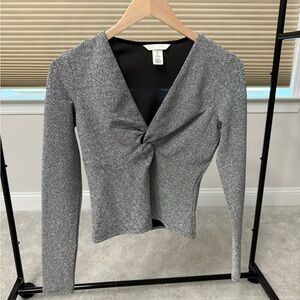 Hm Top Womens Small Long Sleeve V Neck Knotted Silver Sparkle Party Celebration